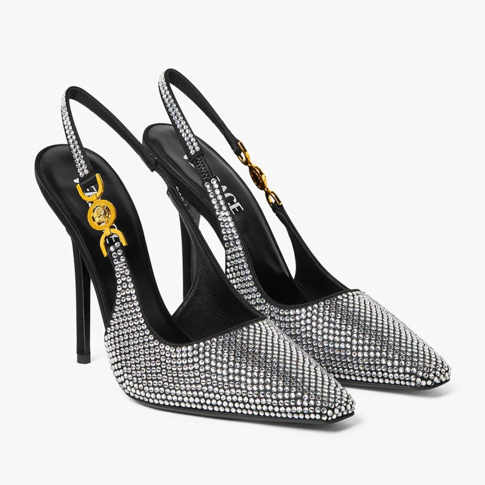 NIB VERSACE Medusa Crystal Embellished '95 Black Satin Slingback Pumps sz 39.5